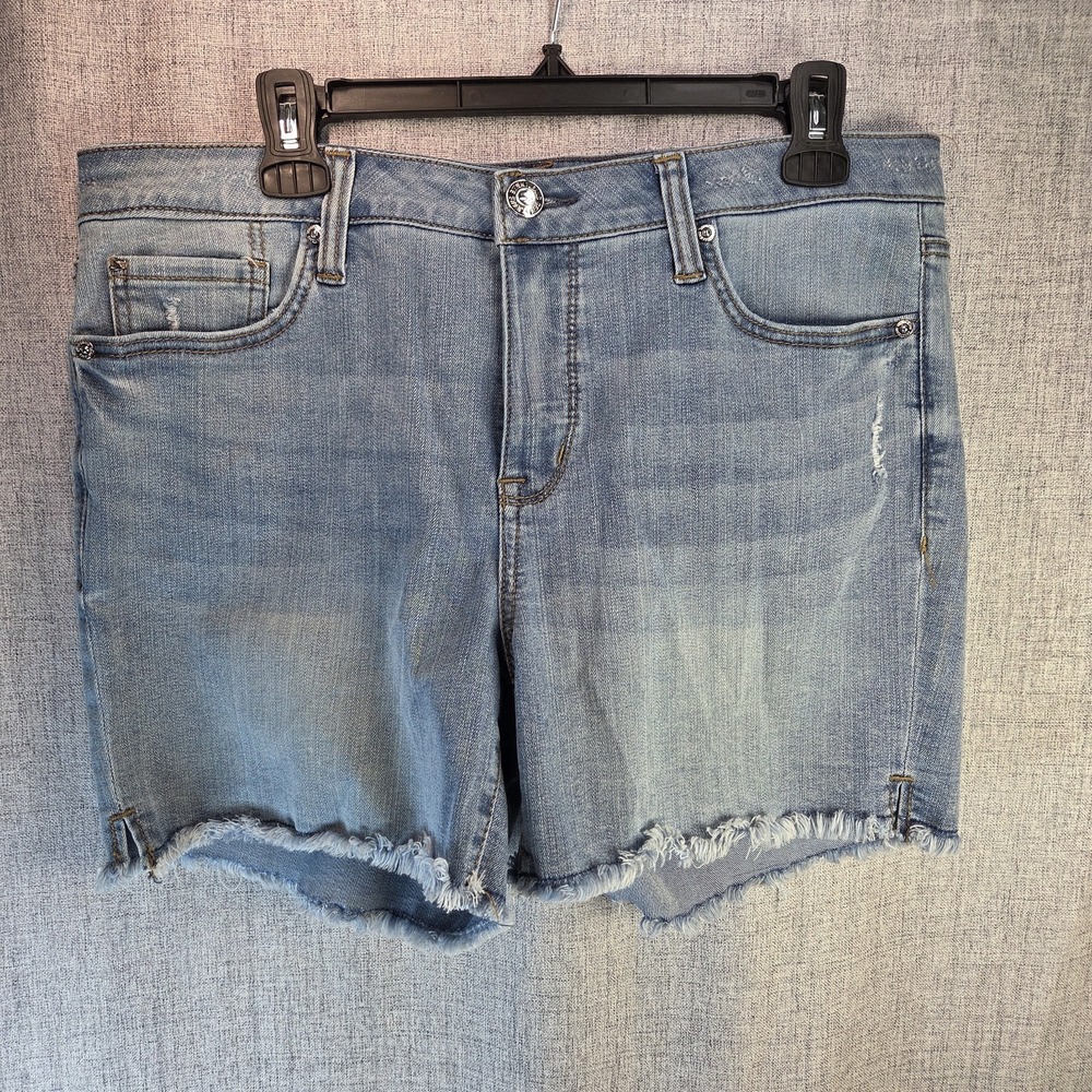 Seven7 Shorts Womens 10 Blue Denim Mid Rise Stretch Cut Offs Distressed Weekend